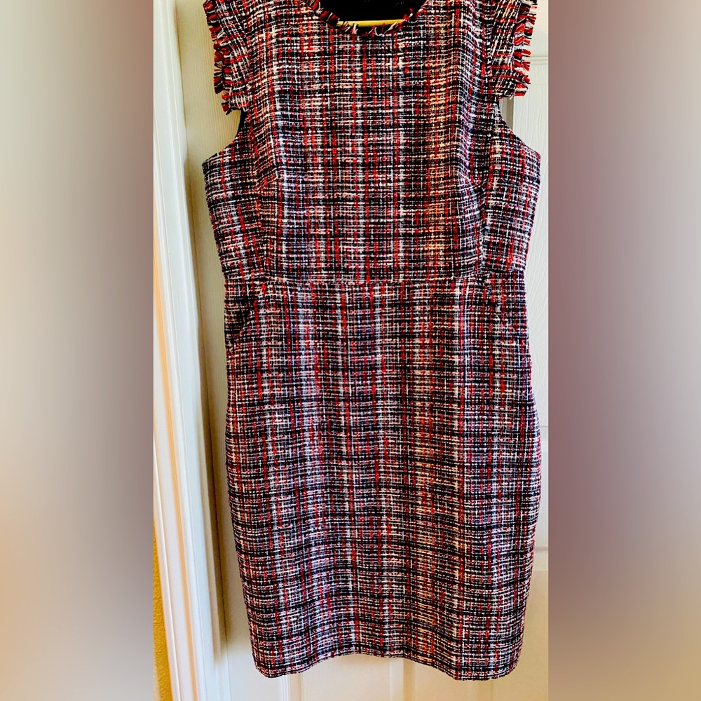 J. Crew Resume Tweed Sheath Dress Blue Red White Pockets Fringe Career Size 16